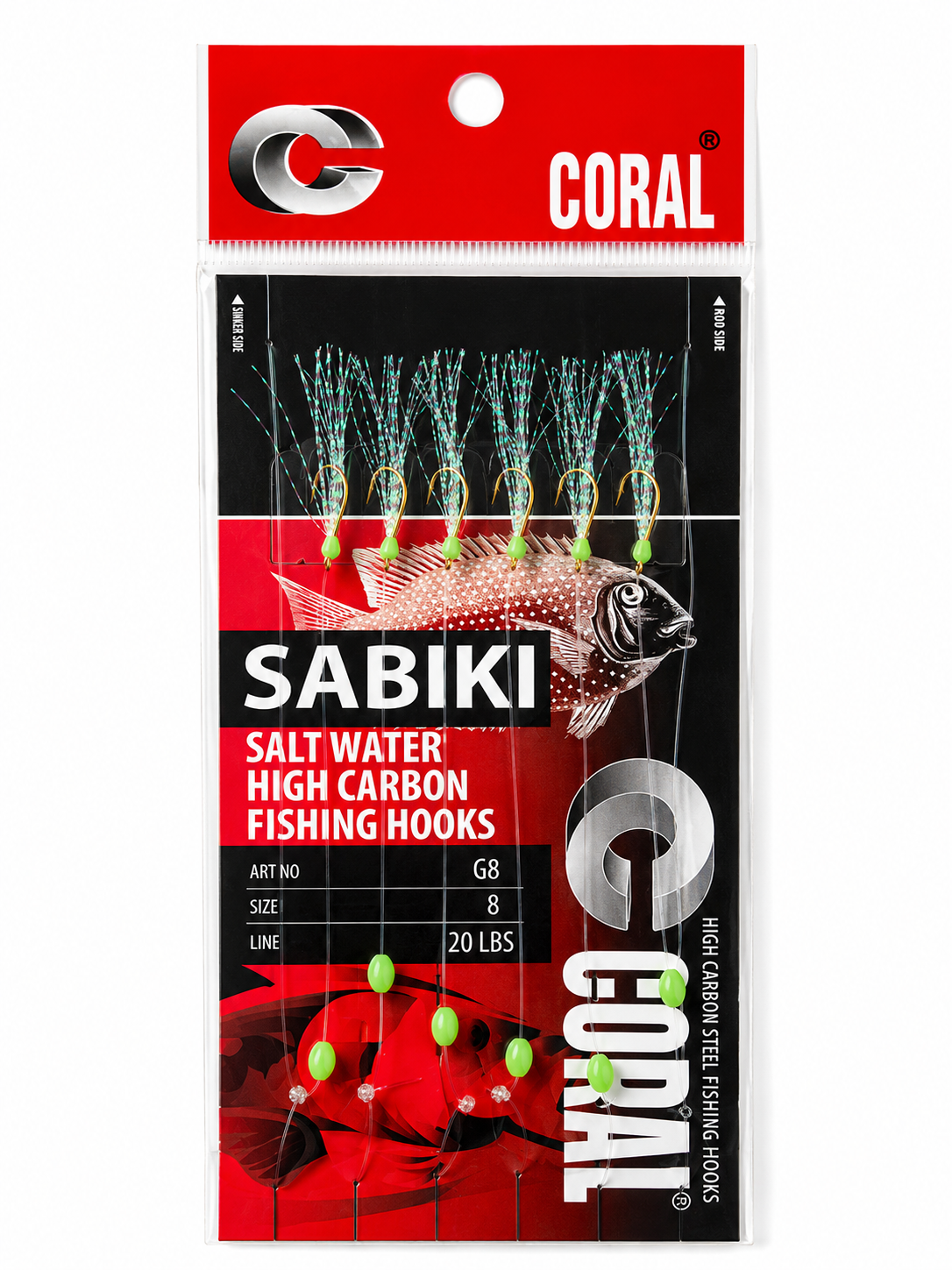 Sabiki rig - 6 hooks (30Ib) Red